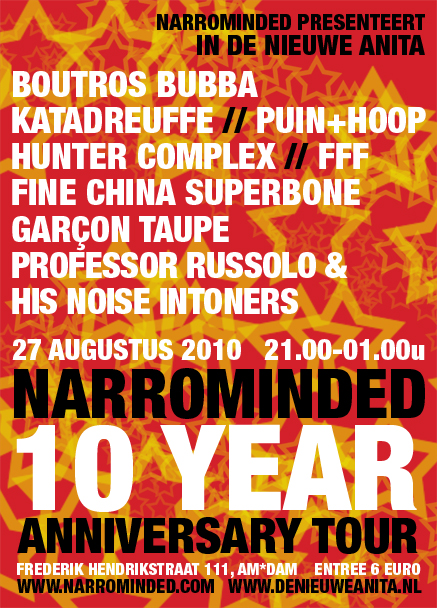 flyer: narrominded 10 year anniversary tour, de nieuwe anita, amsterdam - august 27 2010